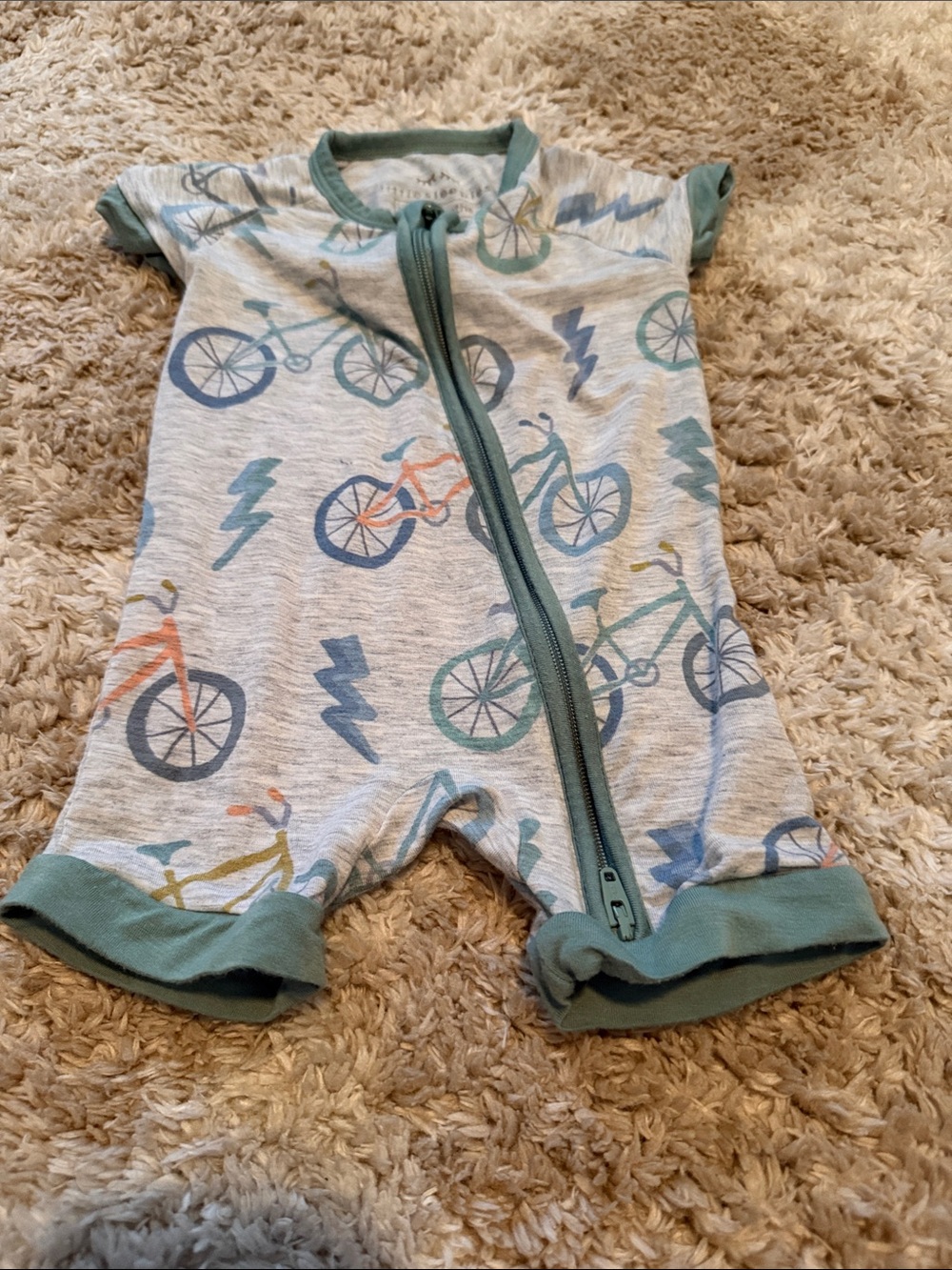 Little Sleepies Light Gray Romper with Teal Trim and Multi-Color Bike Print